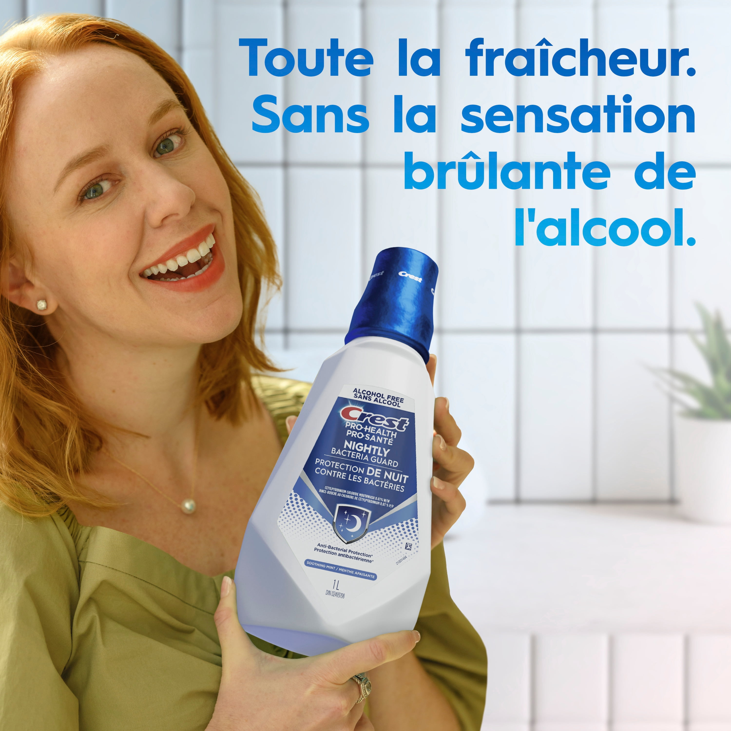 Rince-bouche Crest Pro-Santé Protection de nuit contre les bactéries, antibactérien pour une protection de nuit, sans alcool, antigingivite, antiplaque, Menthe apaisante, 1 L
