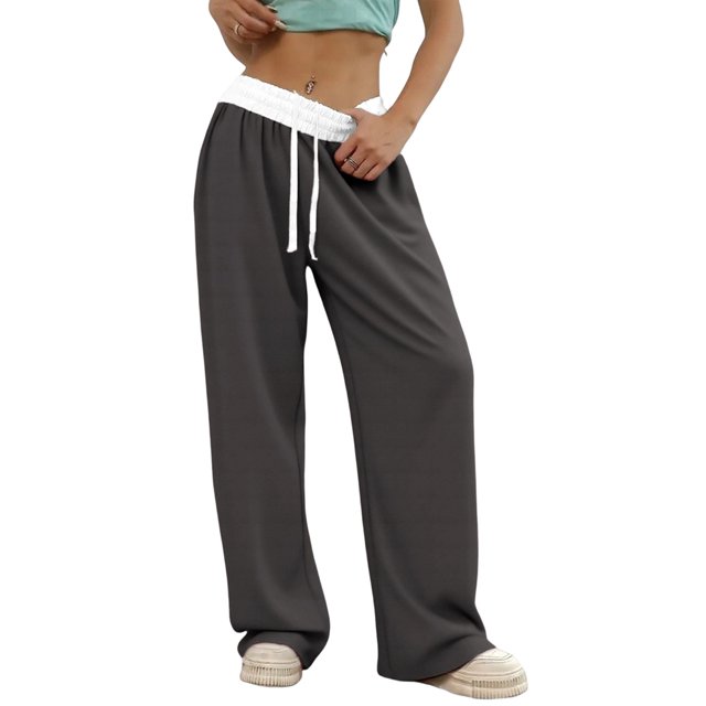 Women'S Contrast Color Waistband Sweatpants Wide Leg Pants with Drawstring Buckle Dark Gray M
