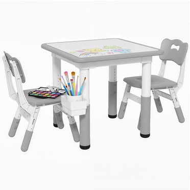 Qaba 3 Pcs Height Adjustable Kids Table and Chair Set w/ Storage, Grey