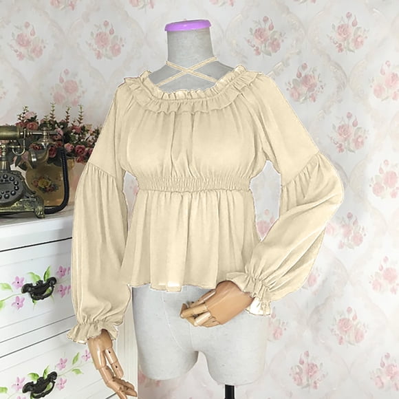 Women's Tops Sale Clearance! Blouse for Women Renaissance Blouse Top Cropped Long Puff Sleeve Medieval Victorian Loose Vintage Comfy Clothes New Beige S