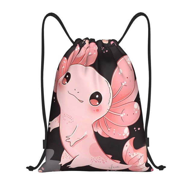 Xecao Cute Axolotl Sakura Blossoms A Pattern Sports Drawstring Backpack - String Swim Gym Bag with Wet Proof Pocket for Women&Men-Small