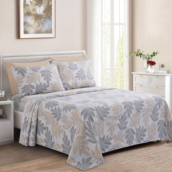 Literie Marina Décoration ultra douce et soyeuse, imprimée, en rayonne de bambou, toutes saisons, avec taies d'oreiller, motif de feuilles gris taupe