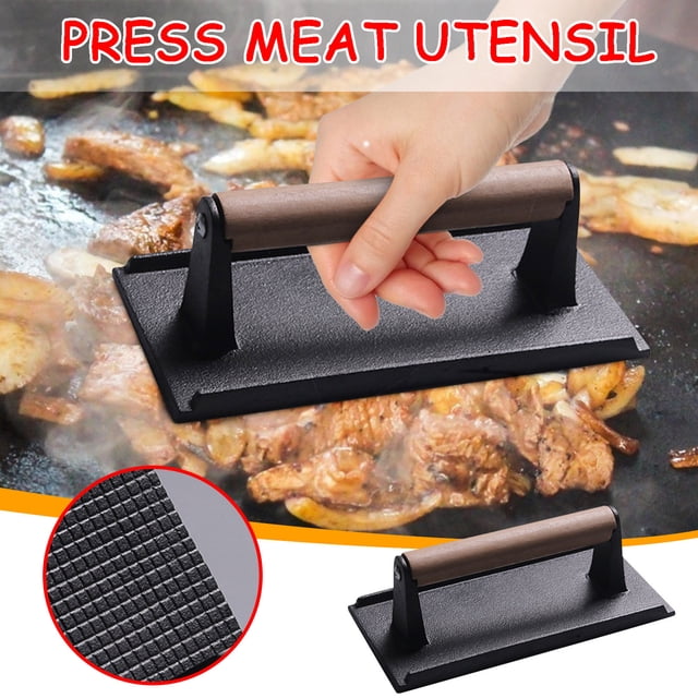 Summer Savings Kcavykas Kitchen Goodies,Iron Rectangular Lattice Meat Press Board with Wooden Handle Meat Press