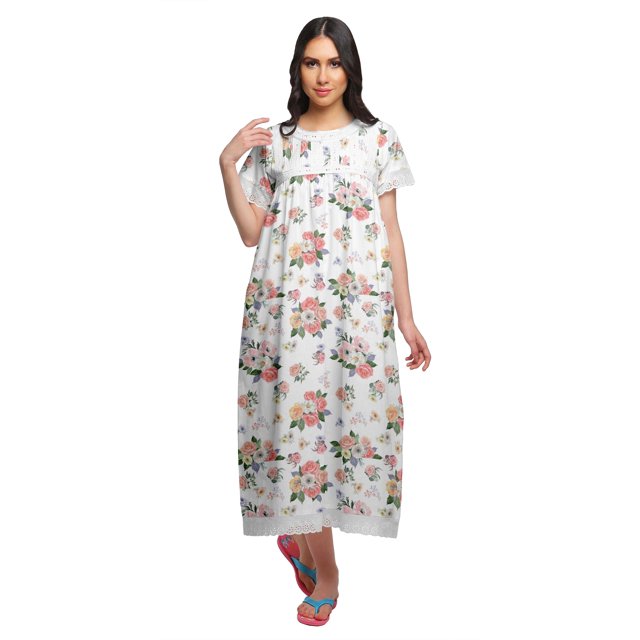 Moomaya Printed Nightdress For Ladies Cotton Ruffled Border Nursing Night Gown