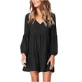 thumbnail image 1 of CFLVAEK Robes Mini à Étages Smockées pour Femmes Couleur Unie Robe à Manches Longues Décontractée Col en V Robes de Plage Noir P, 1 of 6