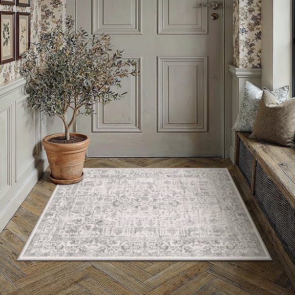 BERTHMEER Tapis de Petite Taille 2'x3' pour Entrée, Seuil de Porte, Chambre, Cuisine, Dortoir, Vintage, Antidérapants, Lavables, Orientaux, Traditionnels, Paillassons, Gris