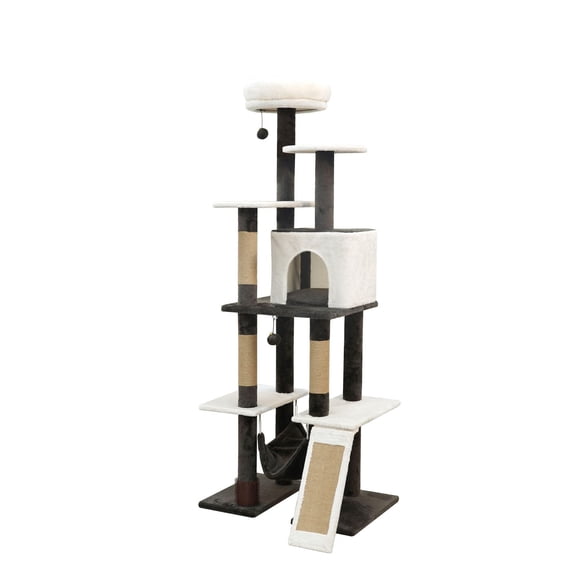 Vibrant Life 6-Lvl 65" Large Cat Tree with Condo,Jute Scratching Posts,Ramp,Hammock, Off-white/Brown