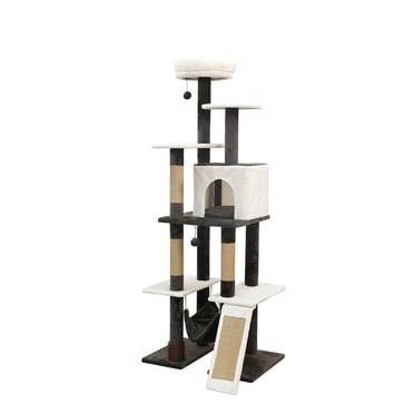 Vibrant Life 6-Lvl 65" Large Cat Tree with Condo,Jute Scratching Posts,Ramp,Hammock, Off-white/Brown