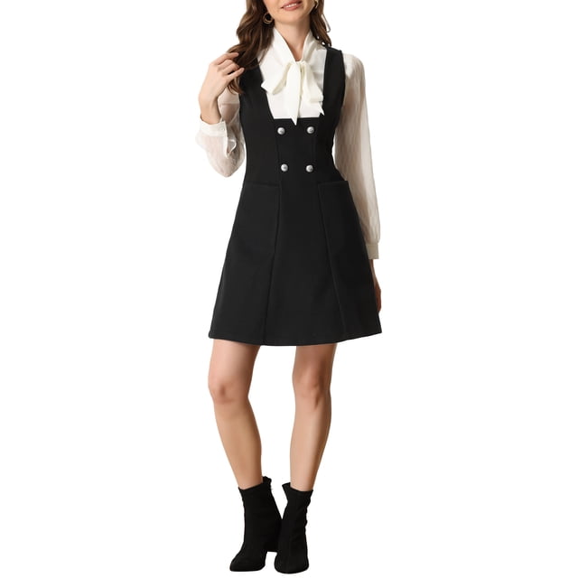 INSPIRE CHIC Robe Chasuble pour Femmes, Salopette Trapèze à Double Boutonnage avec Bretelles, en Noir. La Robe Sans Manches Présente une Encolure en V, une silhouette Trapèze et des Détails de Boutons à Double Boutonnage sur le devant. Fabriquée en polyester 100 %, Elle s'Agence avec une blouse Blanche et des Bottines Noires, Convient aux occasions Décontractées Ou Semi-Formelles comme les Réunions de Bureau Ou les Cocktails. Idéale pour le Printemps et l'Automne.