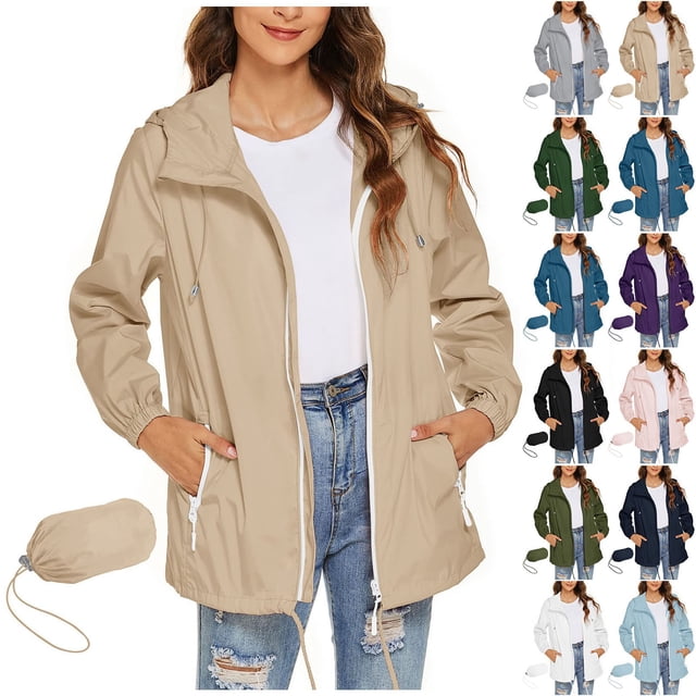 Sentmoon Lightweight Rain Jacket Men with Hood Long Sleeve Womens Raincoat Solid Color Breathable Waterproof with zipper Ponchos Adult with Pockets for Running Backpacking Travel L