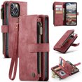 thumbnail image 1 of CaseMe Wallet Case Premium Handmade PU Leather Phone Case Card Slots Magnetic Closure Zipper Pocket Kickstand Flip Case with Hand Strap for iPhone 14 Pro (Wine Red), 1 of 10