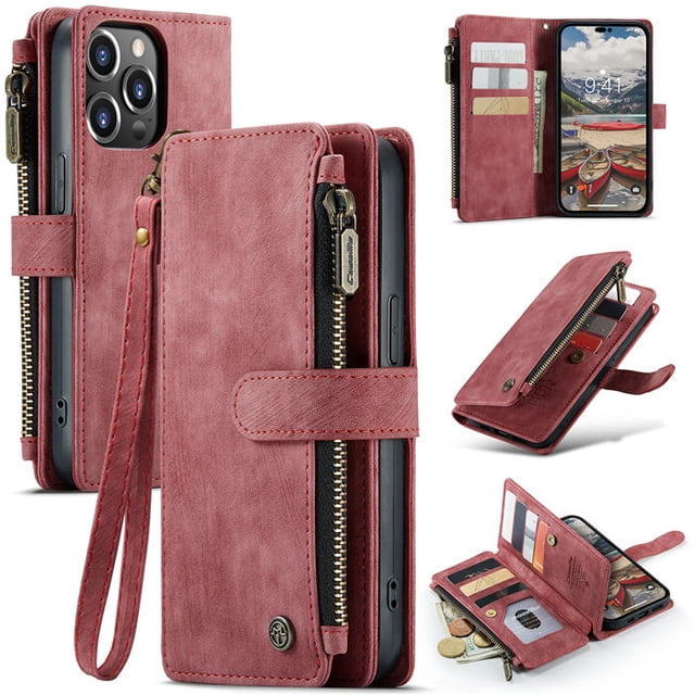 CaseMe Wallet Case Premium Handmade PU Leather Phone Case Card Slots Magnetic Closure Zipper Pocket Kickstand Flip Case with Hand Strap for iPhone 14 Pro (Wine Red)