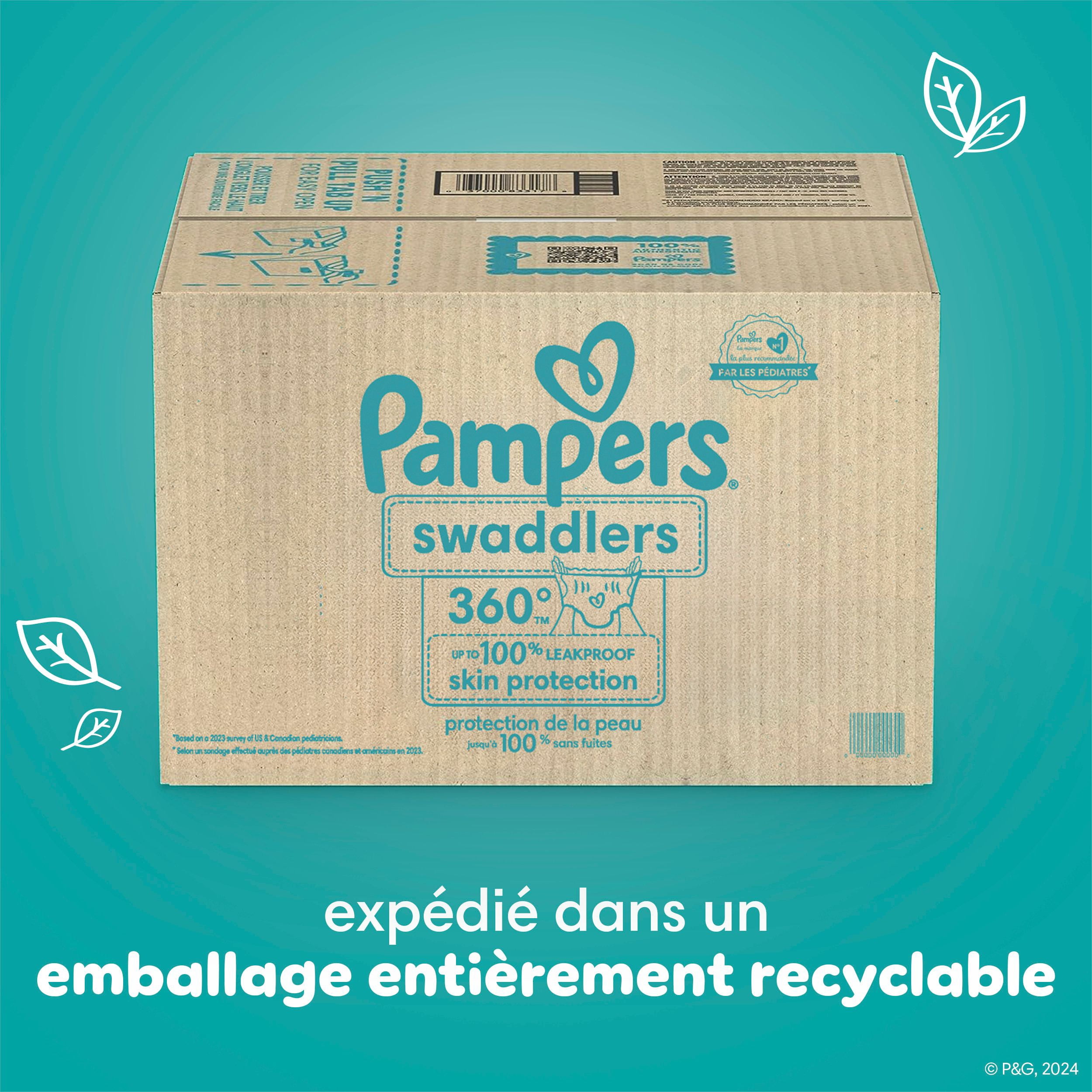 Pampers Couches - Swaddlers 360° - Taille 6, jusqu'à 100 % Anti-Fuites, Ajustement Confortable et au Sec, Attaches EZ Off Conçues pour des Changements Faciles, Couche à Enfiler