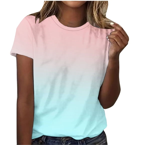 Scyoekwg Women's Crewneck T-Shirts Summer Short Sleeve Tee Shirts Dressy Causal Gradient Color Classic-Fit Shirt Trendy Vacation Clothes (Pink,S)