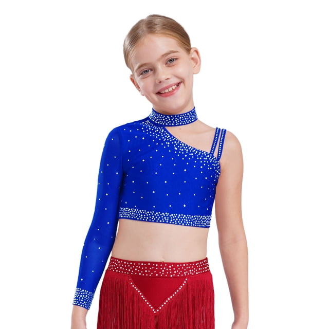 Manyakai Kids Girls Shiny Rhinestone Jazz Latin Modern Lyrical Dance Crop Tops Irregular Shoulder Blue 14