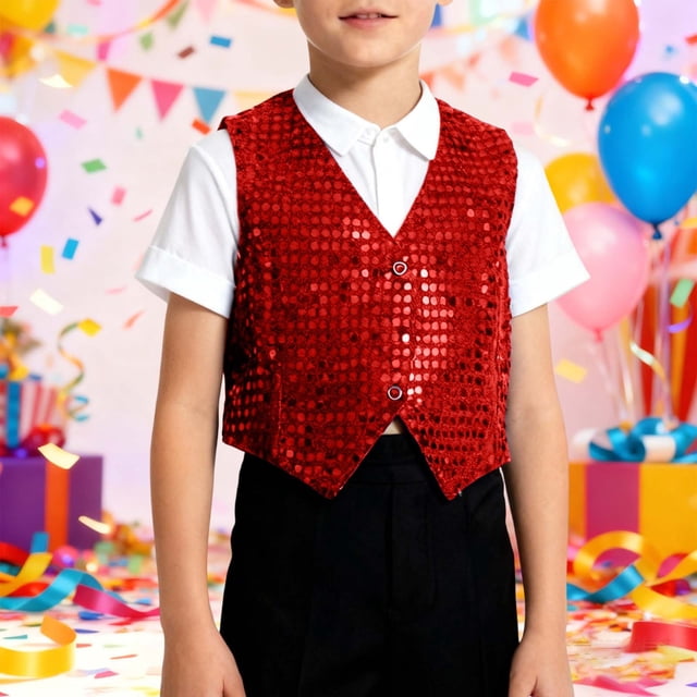 Gilet de Danse de Performance pour Ados à Boutons devant Rouge Gilet Sans Manches Décontracté Col Rond Tenues de Fête Occasion Spéciale 13-15 Ans
