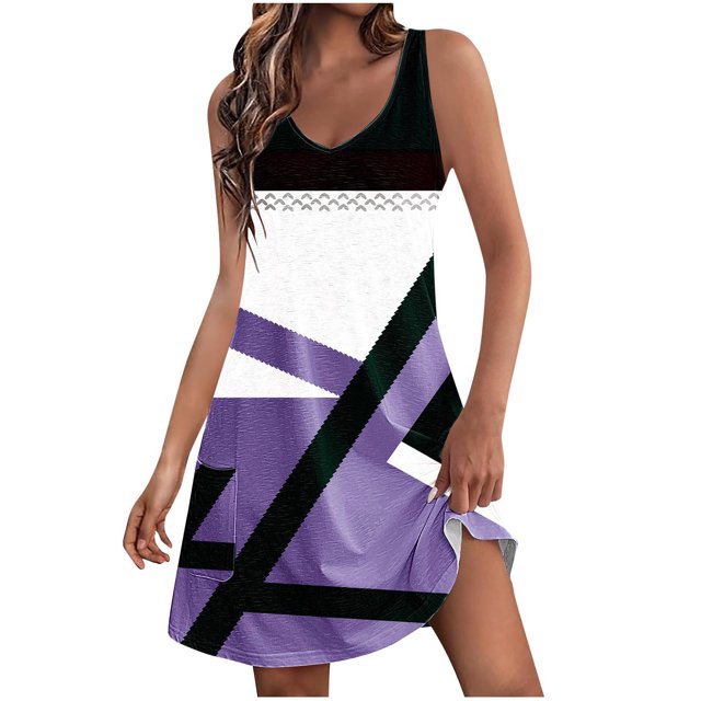 Penkiiy Robes pour Femmes pour Vacances à la Plage Été Boho Robe d'Été avec Poches T-Shirts Col en V Robes Débardeurs S Violet
