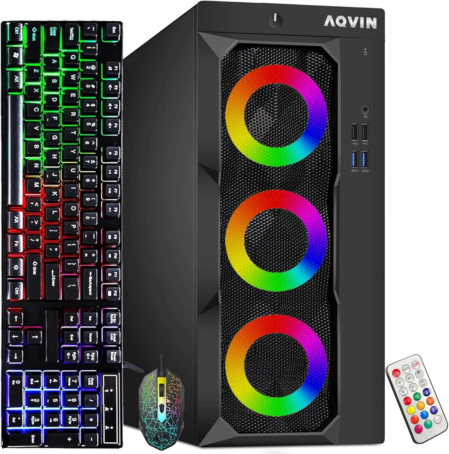 AQVIN LuminaRings RGB PC Tower ~ Intel Core i7 Processor up to 4.0GHz ~ 16GB DDR4 RAM ~ 256GB NVMe SSD ~ WiFi, Windows 11 Pro