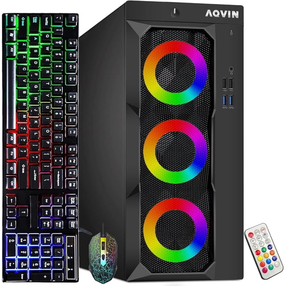 AQVIN LuminaRings Gaming PC Tower, AMD Radeon RX 550 4GB, Intel Core i7 Processor up to 4.0GHz, 16GB DDR4 RAM, 256GB NVMe SSD, WiFi, Windows 11 Pro