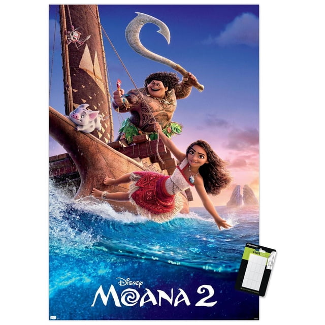 Disney Moana 2 - One Sheet Wall Poster, 22.375" x 34" framed, depicting Moana in a red and white Polynesian dress reaching over the side of a wooden sailing canoe on blue ocean waves. Maui, a large tattooed demigod holding a giant fishhook, stands on the boat with a pig and rooster nearby. The background shows a sunset sky and distant rocky islands. This lightweight framed poster with a satin finish is suitable for home décor or party decoration.