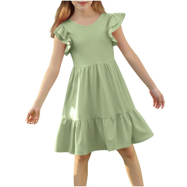 DecSea Robe d'Été à Volants Double Couche pour Filles, Décontractée, Unie, Col Ras du Cou, Robe de Plage