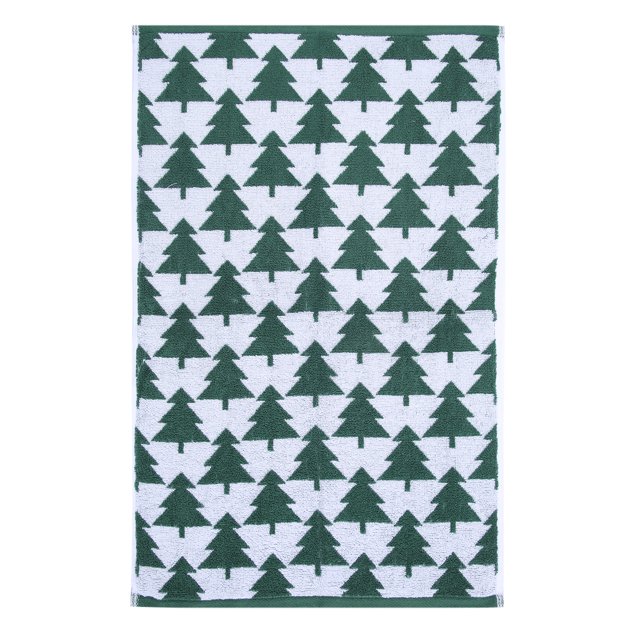 Holiday Time Spruce Hand Towels, 2-Pack featuring a 16 by 26 inch towel with a repeating green spruce tree pattern on white 100% cotton fabric, soft and absorbent for holiday bathroom or kitchen use, also suitable for seasonal gift giving.