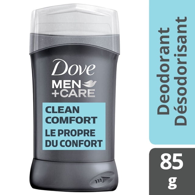 Dove Men Care Clean Comfort Deodorant stick in a dark gray container with a clear cap, providing 48-hour odour and wetness protection with ¼ moisturizer technology, labelled in English and French, weighing 85 g, ideal for daily skin comfort and freshness.