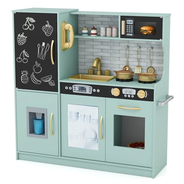 Costway Cuisine de Jeu pour Enfant, Ensemble de Cuisine pour Tout-Petit avec Tableau Noir Vert