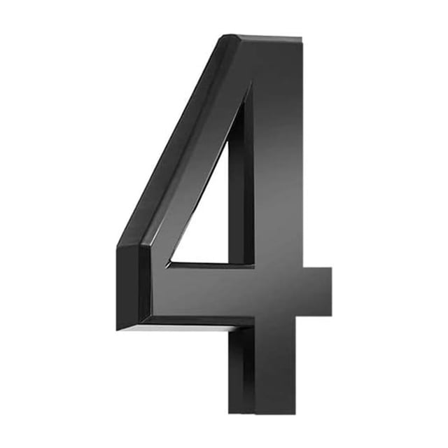 RXIRUCGD 3 Inch Black Modern House Numbers, displayed as the number 4, crafted from ABS engineering plastic with a sleek metal-plated surface. Includes a self-adhesive foam backing for effortless application on smooth surfaces. Ideal for mailboxes, doors, street signs, or as part of indoor and outdoor décor.