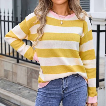 Levmjia Chandail en Molleton Rayé Surdimensionné pour Femmes Manches Longues Automne 2024 Chandail Tendance Col Rond avec Poche