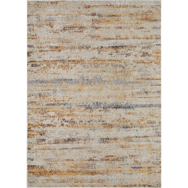 Rug Ease Lucien Grey Brown Area Rug with a machine-woven polyester surface in an abstract pattern of grey, brown, and muted gold tones, 4mm pile height, cotton backing, designed for durability in high-traffic areas and machine washable for easy maintenance.