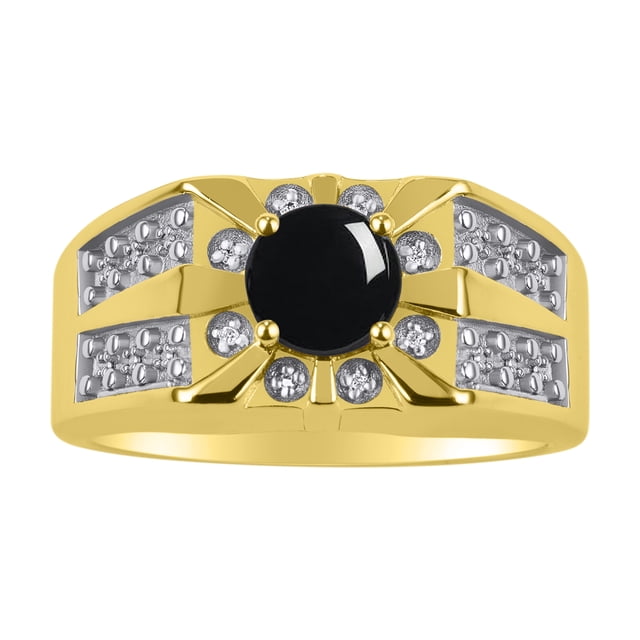 RYLOS Men's Rings 14K Yellow Gold Designer Starburst 7MM Round Gemstone & Diamond Ring Cabochon Onyx October Size 12