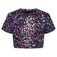 thumbnail image 3 of Haitryli T-Shirt Court à Manches Courtes pour Filles, Imprimé Coloré, Métallique Brillant, Col Rond, Costume pour Danse et Spectacle, Noir 150, 3 of 7