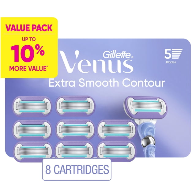 Gillette Venus Extra Smooth Contour women’s razor blade refills pack with 8 five-bladed cartridges featuring lubricating strips, designed to fit all Venus handles and provide a smooth, irritation-protective shave with FlexiBall contouring technology.