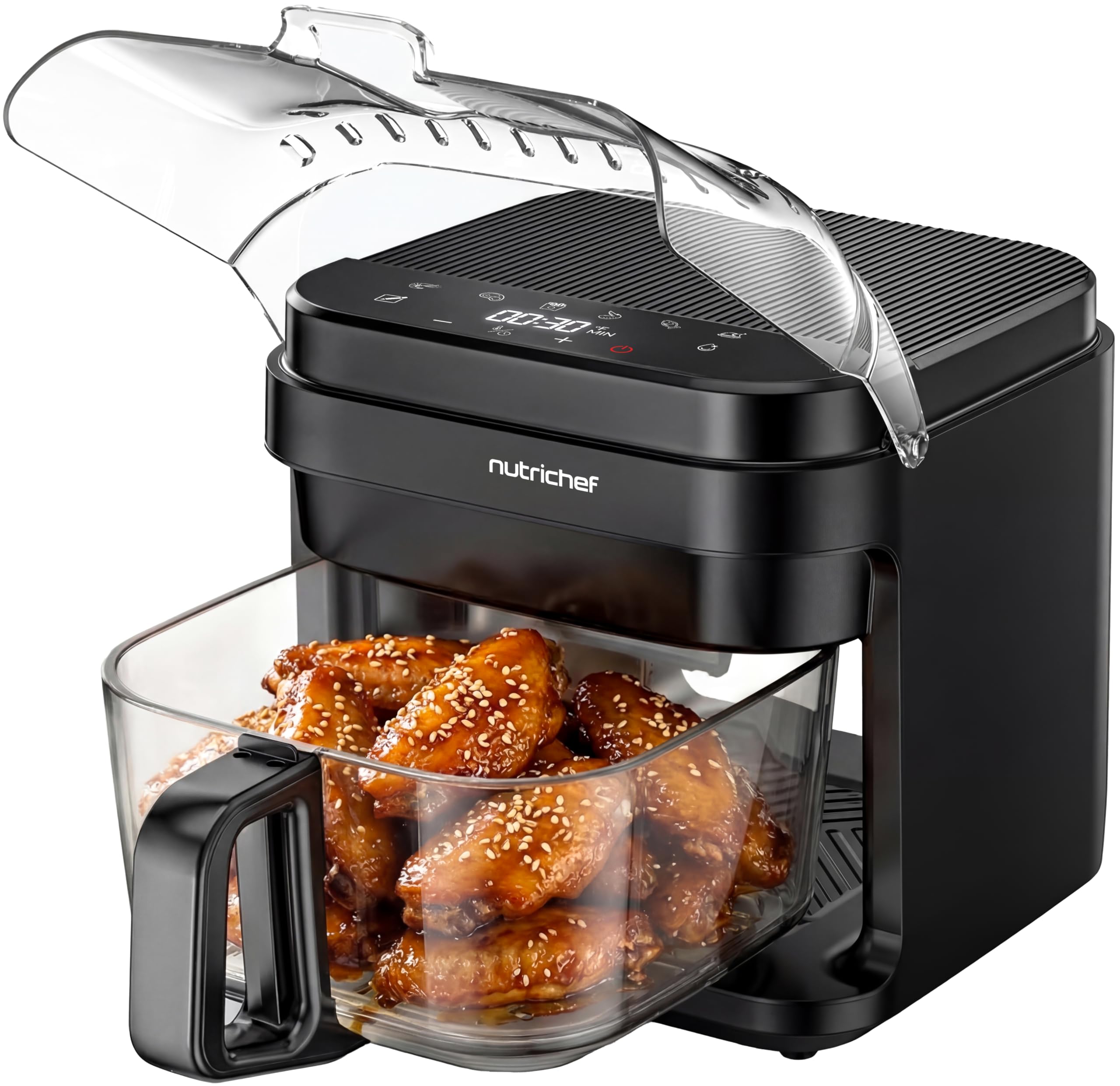 NutriChef 5.8 Quart Air Fryer | Glass Airfryer with 8-in-1 Digital Presets | Stainless Steel Fryer Design | Glass Fry Bowl with Flip-Up Safety Shield | Compact Air-Fryer for Even Cooking | Black