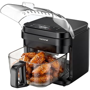 NutriChef 5.8 Quart Air Fryer | Glass Airfryer with 8-in-1 Digital Presets | Stainless Steel Fryer Design | Glass Fry Bowl with Flip-Up Safety Shield | Compact Air-Fryer for Even Cooking | Black