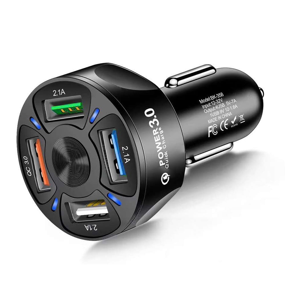 4 Port Car Charger Adapter 12-24V USB Car Charger QC 3.0 Fast Charge Cigarette Lighter Charging Adapter Car Phone Charger (Black)