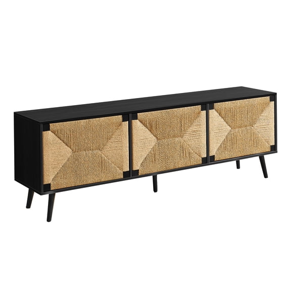 Monarch Specialties - Meuble Tv, 72 Pouces, Centre De Divertissement Média, Armoire De Rangement, Console, Stratifié Noir, Aspect Jonc De Mer, Mid Century, Moderne