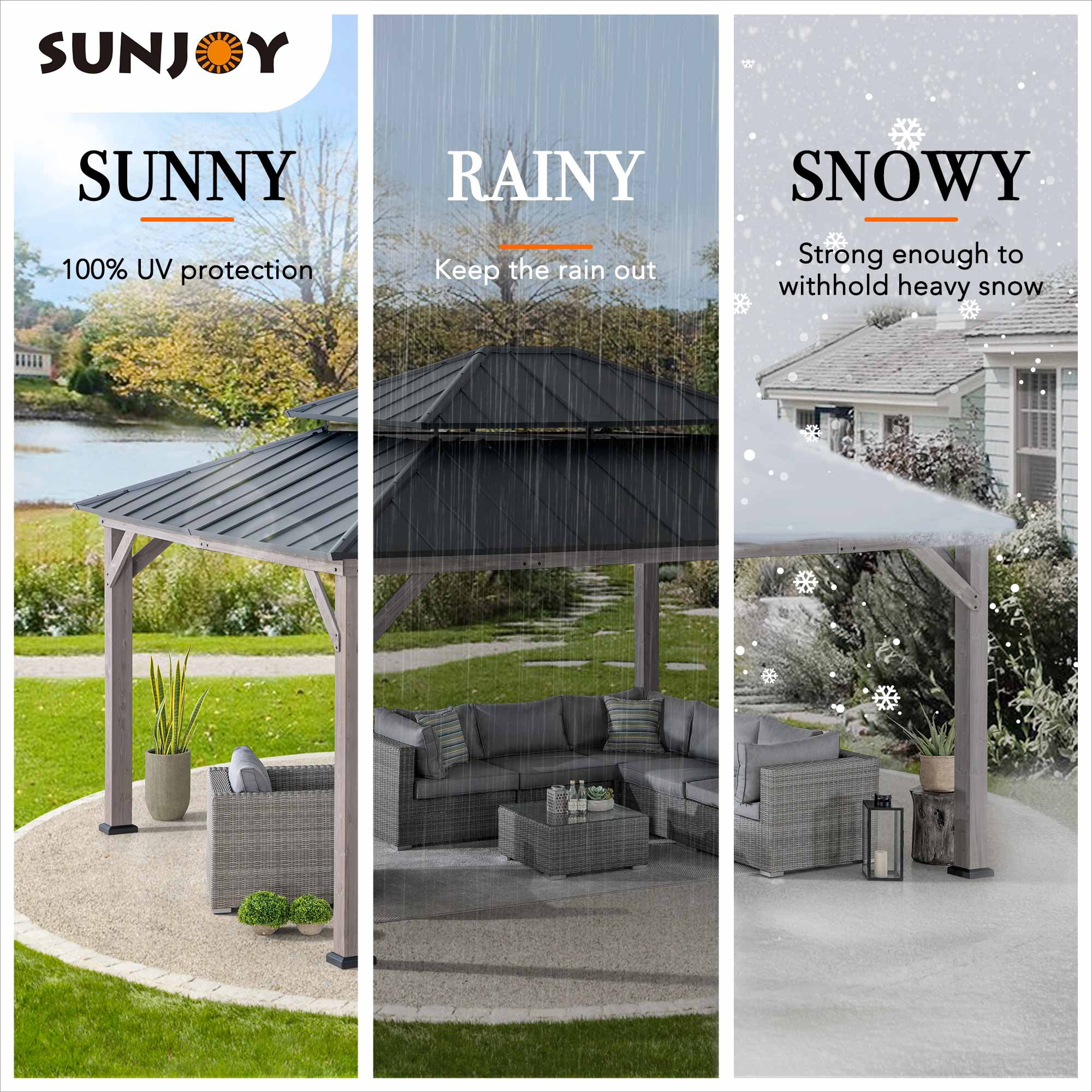 Sunjoy Gazebo à ossature en cèdre de 13 pi x 15 pi avec toit en arêtier à 2 niveaux en acier noir
