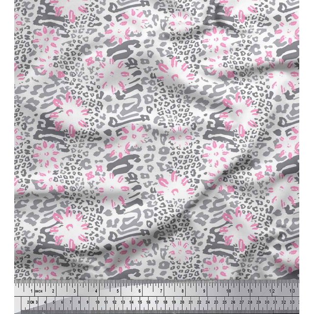 Soimoi White Rayon Fabric Leopard Animal Skin Print Fabric by Yard 42 Inch Wide
