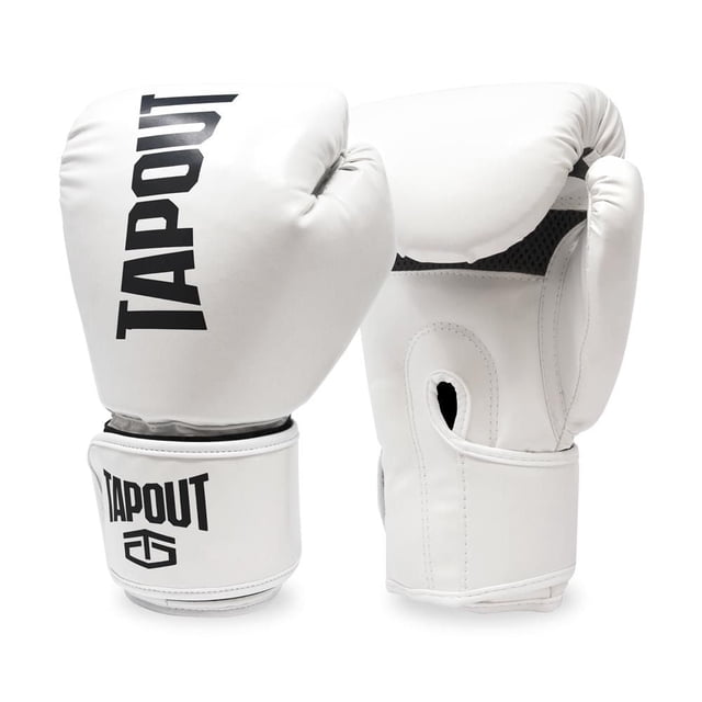 Tapout Gants de Boxe 12 oz Blancs avec Fermeture Ajustable à Crochet et Boucle, Marque Tapout Noire sur le devant et Dragonne, Jointures Rembourrées et Soutien de Poignet, Idéal pour l'Entraînement, le sparring et le Travail de Sac.