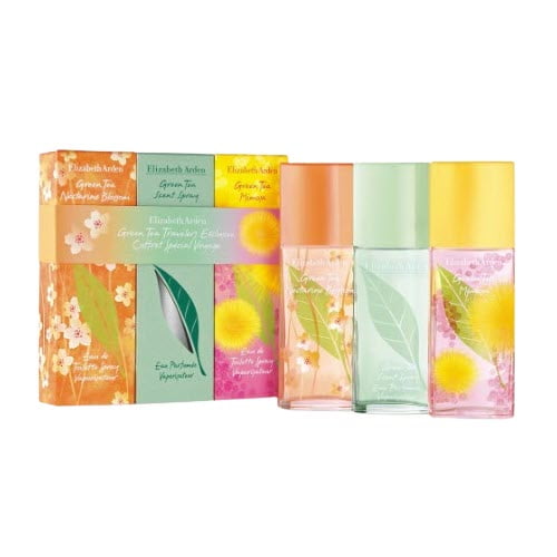 Elizabeth Arden Green Tea Travelers Exclusive 3pc Set For Her, a travel-size fragrance collection featuring Green Tea EDP 50ml, Green Tea Nectarine Blossom EDT 50ml, and Green Tea Mimosa EDT 50ml. The bottles showcase vibrant floral designs with matching coloured caps, accompanied by a decorative packaging box.