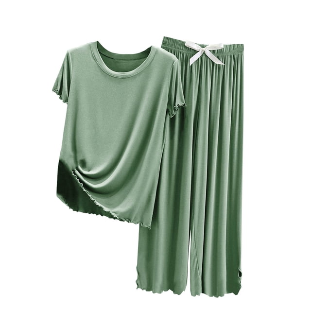 Yuyuzo Ensemble de Pyjama pour Femmes, T-Shirts à Manches Courtes Col Rond à Volants, Vêtements de Nuit Taille Haute, Pantalons à Jambes Sauvages