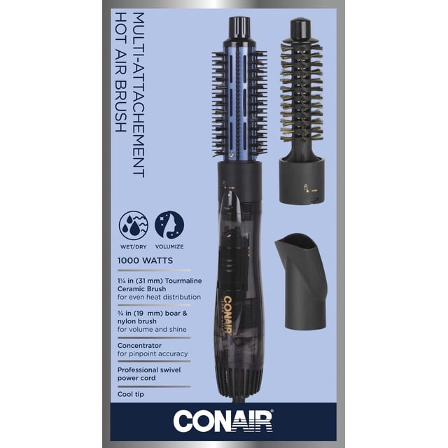 Conair Tourmaline Ceramic Hot Air Brush with three attachments: 1¼-inch (31 mm) tourmaline ceramic brush for even heat, ¾-inch (19 mm) boar and nylon bristle brush for volume and shine, and concentrator for precise styling, featuring a swivel power cord and cool tip on a light blue background.