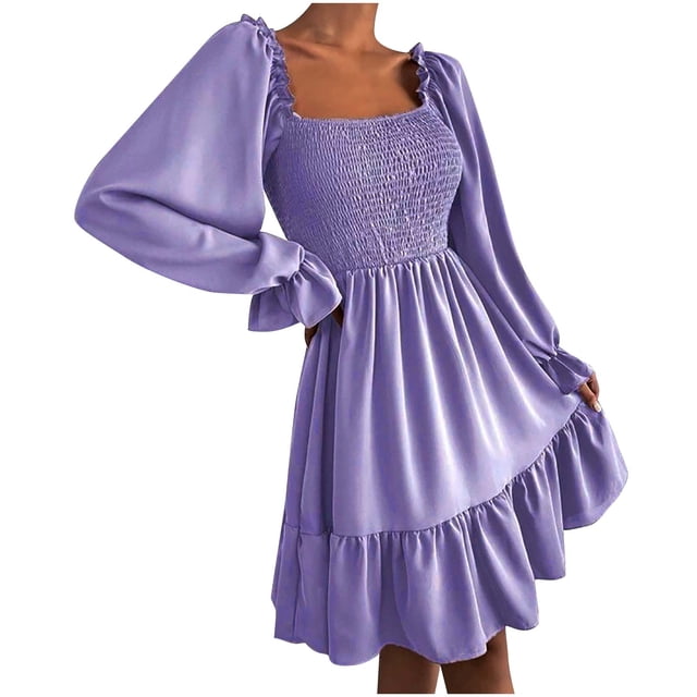 cfhntfmh Robes pour Femmes Mode Col Carré Robe Midi Froncée Décontractée Ample Manches Longues Ourlet à Volants Robe de Cocktail