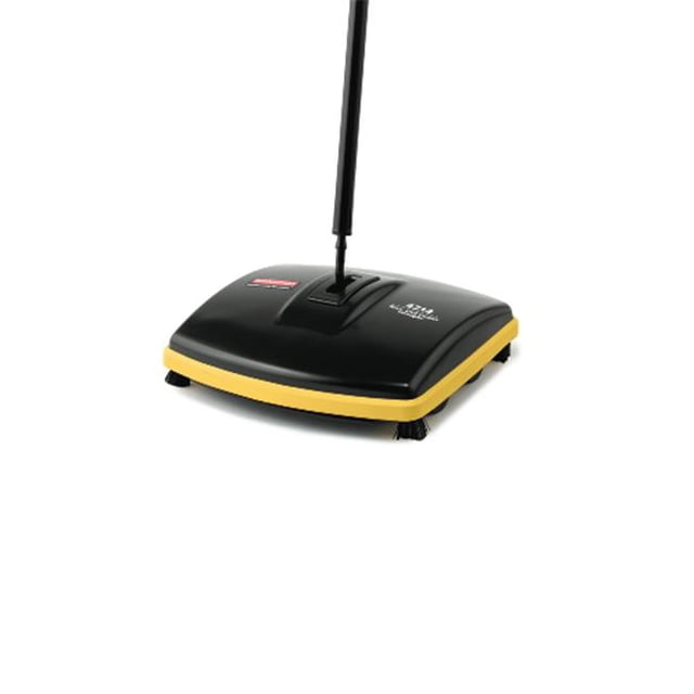 Rubbermaid Commercial Products Floor & Carpet Sweeper with a multicolour design featuring a black body and yellow accents. The sweeper includes an ergonomic handle and a low-profile base for cleaning under furniture. Equipped with four corner brushes and dual debris bins with one-touch emptying doors, suitable for various floor types.