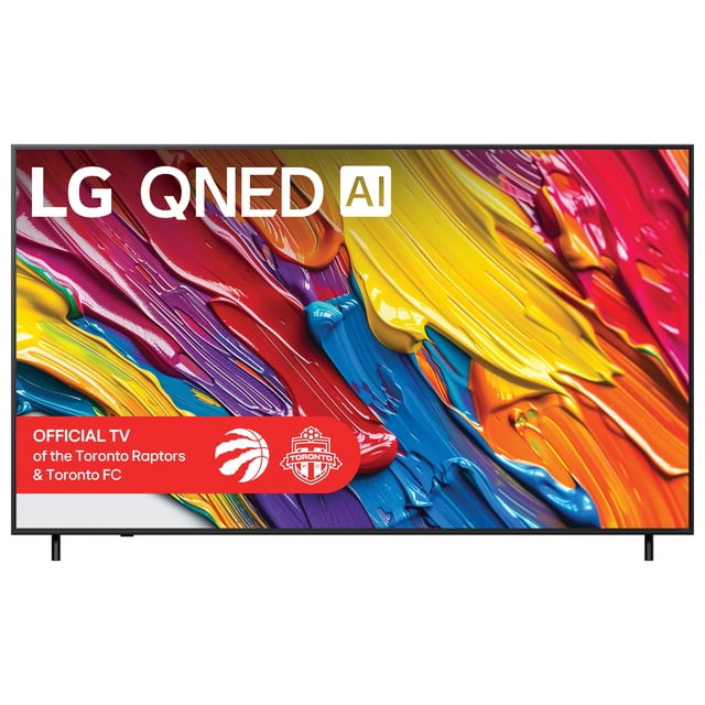 65 inch LG QNED82AAA 4K Smart TV - Demo with a slim black bezel and two small legs, front-facing. The screen displays vibrant thick paint strokes in red, yellow, blue, purple, and orange, featuring LG QNED AI branding. It is the official TV of the Toronto Raptors and Toronto FC, offering 4K resolution and smart TV features suitable for streaming and gaming.