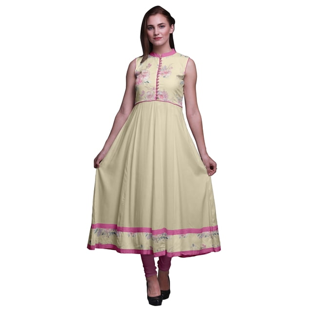 Bimba Robe Anarkali Ivoire à Fleurs de Chine, Col Mandarin, Sans Manches, Kurtis pour Femmes, Robe Maxi à Imprimé, Petit