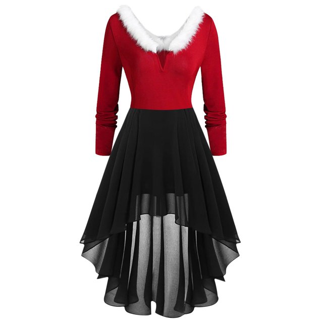 TJAZFJPA Robe Maxi Noire pour Femmes, Patchwork de Noël, Col en V, Manches Longues, Asymétrique, Robe de Campagne à Carreaux pour Femmes