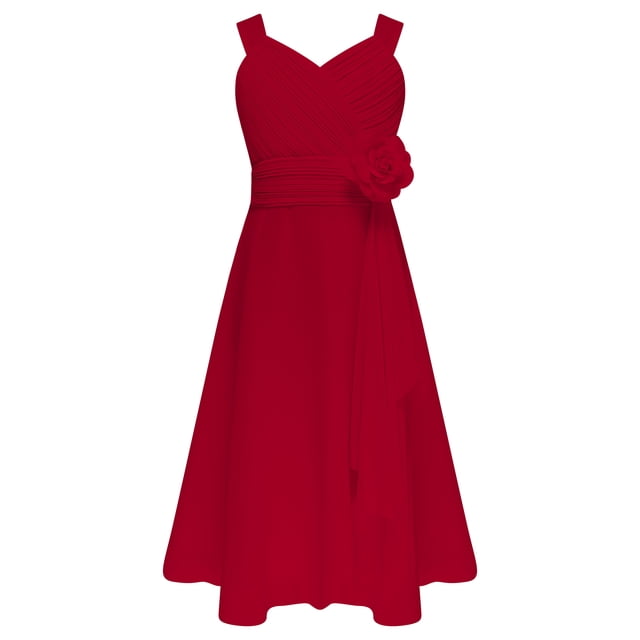 TSSOE Robe de Fête Élégante Sans Manches en Mousseline pour Filles, Col en V, Corsage Froncé, Robe pour Demoiselles d'Honneur, Bourgogne 10